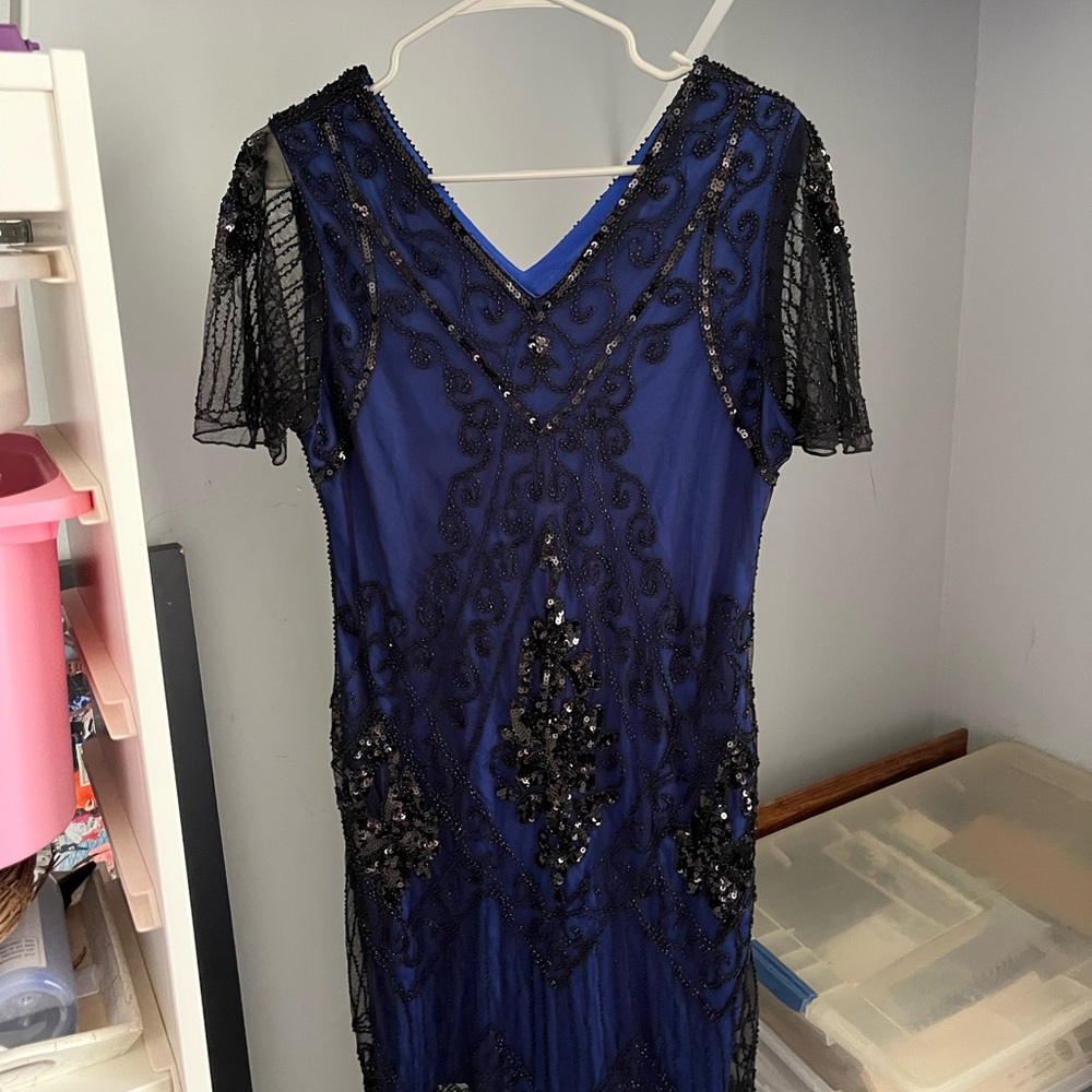 Roaring 20s Dress - Blue base with Black overlay and and fringe
